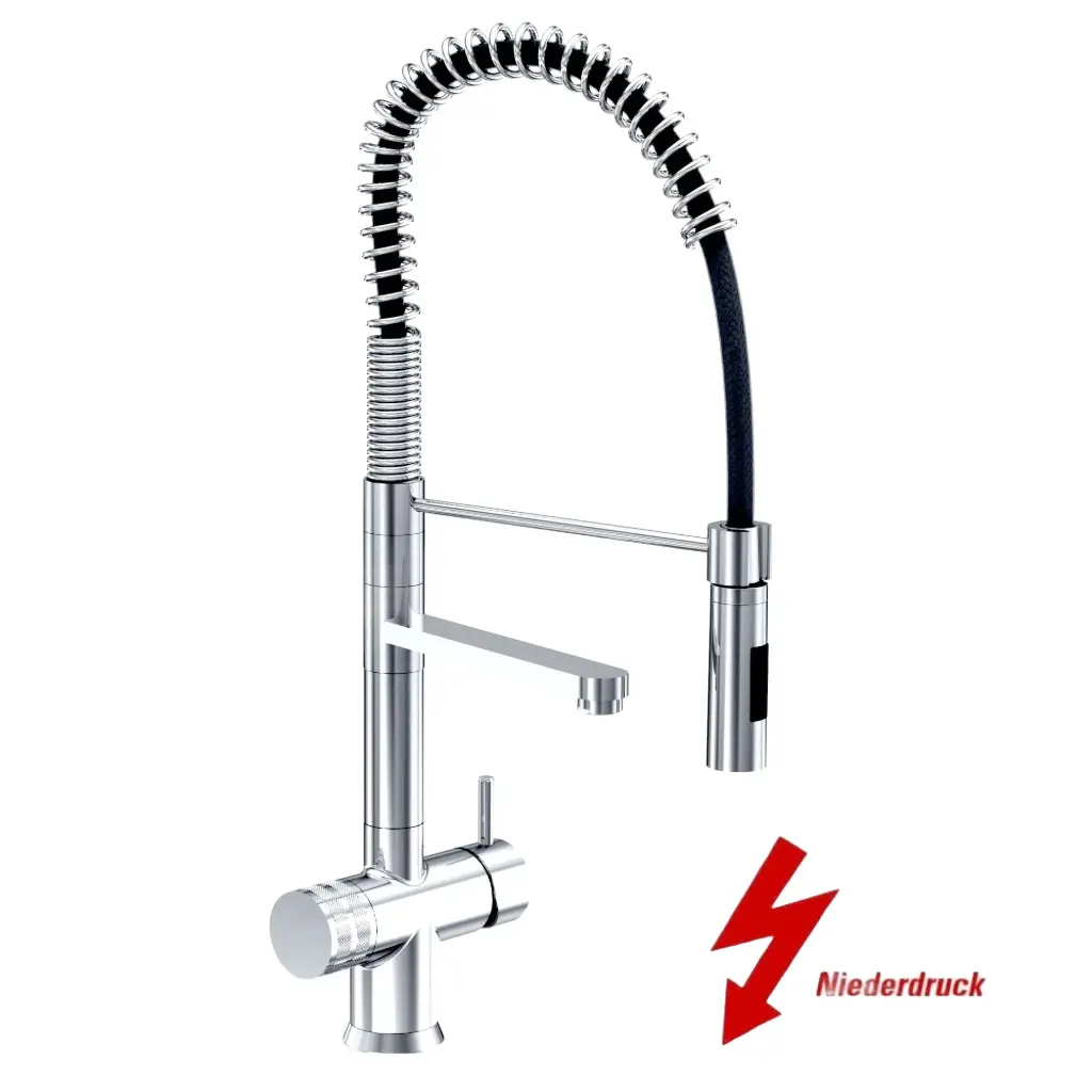 3-Wege-Armatur LUXURY VEGA 56 cm Spiralfeder in Edelstahl massiv - Niederdruck Wasserhahn
